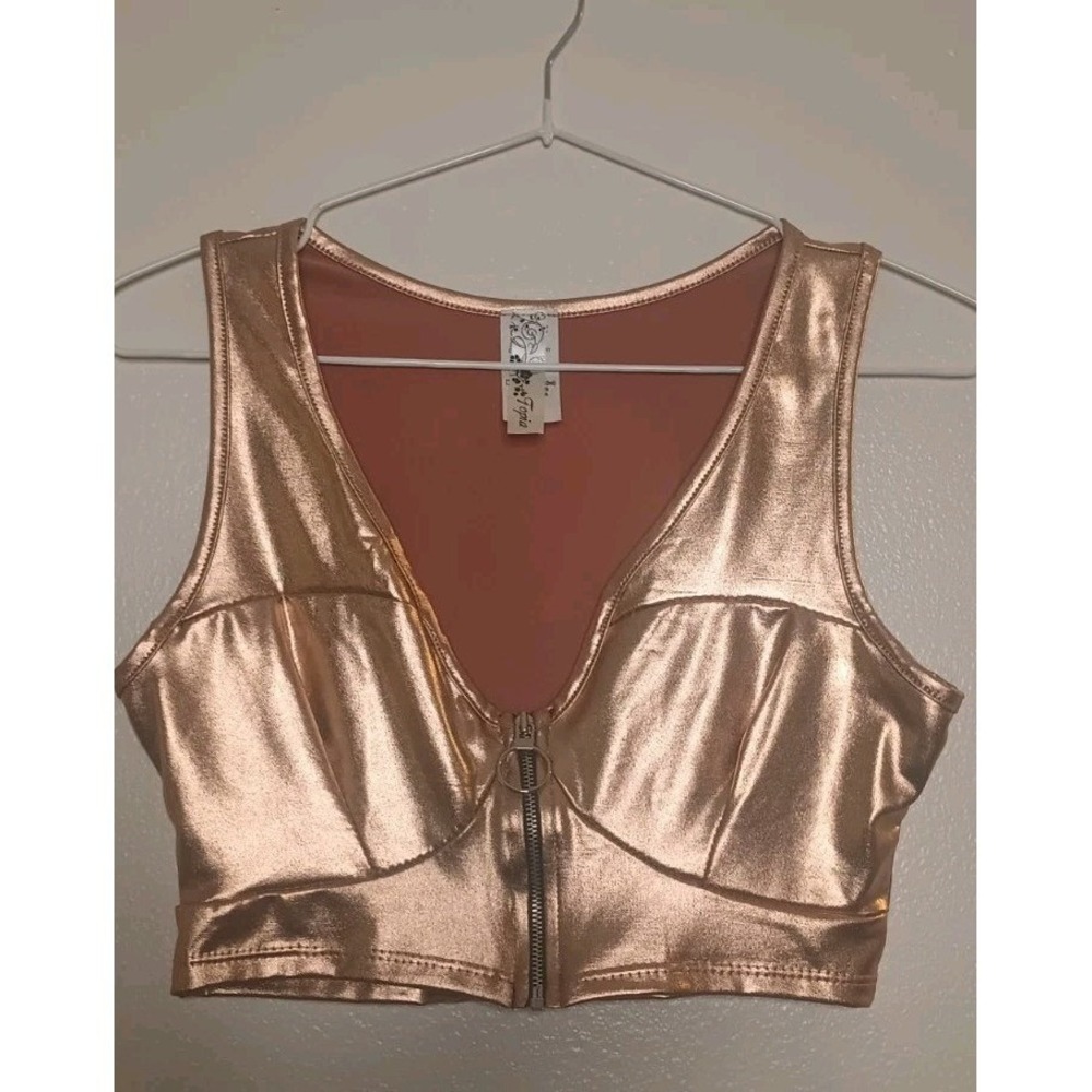 VTG Y2K Topia Womens S Liquid Gold Zipper Crop Top Cyber Clubwear Festival USA